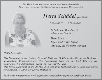 Traueranzeige von Herta Schädel 