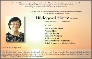 Traueranzeige von Hildegard Höfer 