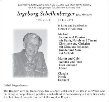 Traueranzeige von Ingeborg Schellenberger 