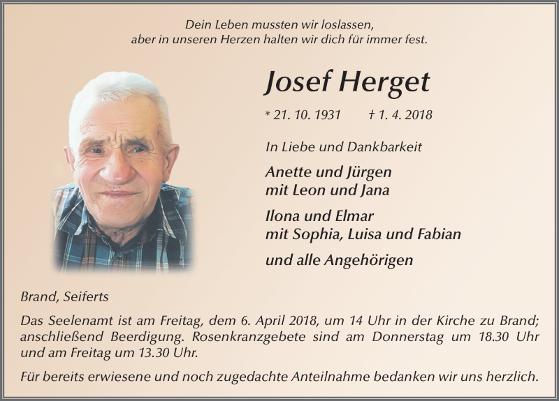  Traueranzeige für Josef Herget vom 05.04.2018 aus 
