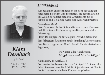 Traueranzeige von Klara Dernbach 