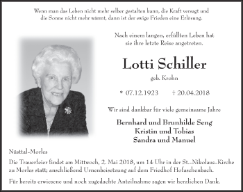 Traueranzeige von Lotti Schiller 