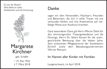 Traueranzeige von Margarete Kirchner 