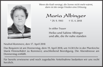 Traueranzeige von Maria Albinger 