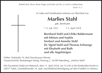 Traueranzeige von Marlies Stahl 