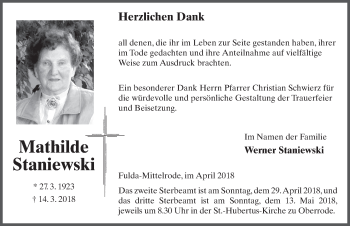 Traueranzeige von Mathilde Staniewski 