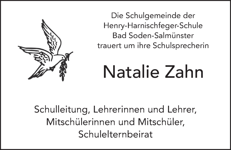  Traueranzeige für Natalie Zahn vom 11.04.2018 aus 