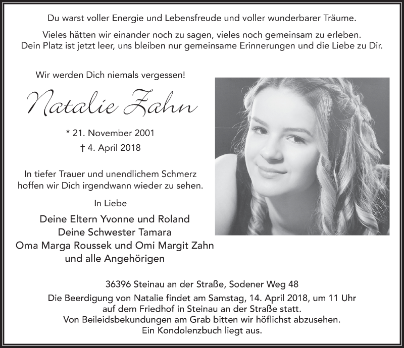  Traueranzeige für Natalie Zahn vom 11.04.2018 aus 