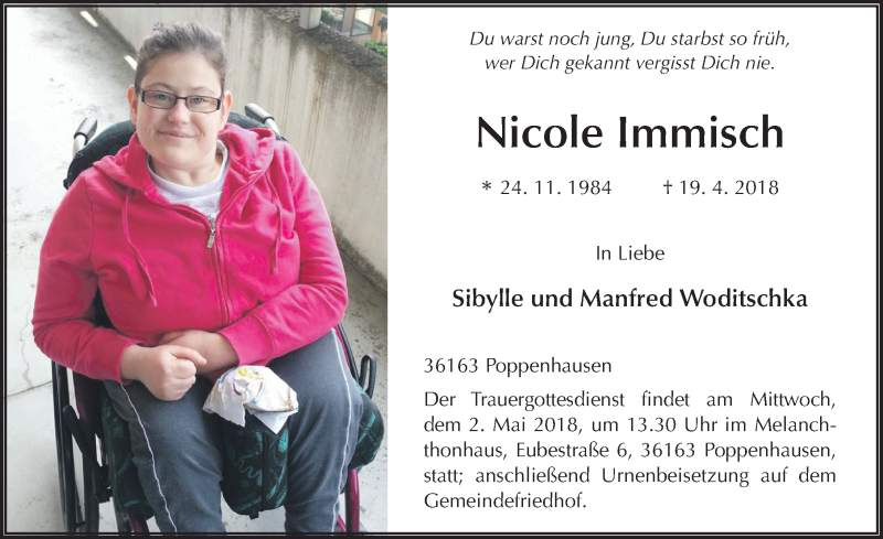  Traueranzeige für Nicole Immisch vom 30.04.2018 aus 