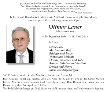 Traueranzeige von Ottmar Lauer 