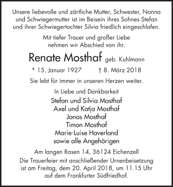 Traueranzeige von Renate Mosthaf 