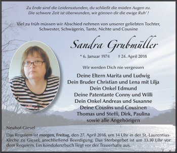 Traueranzeige von Sandra Grubmüller 