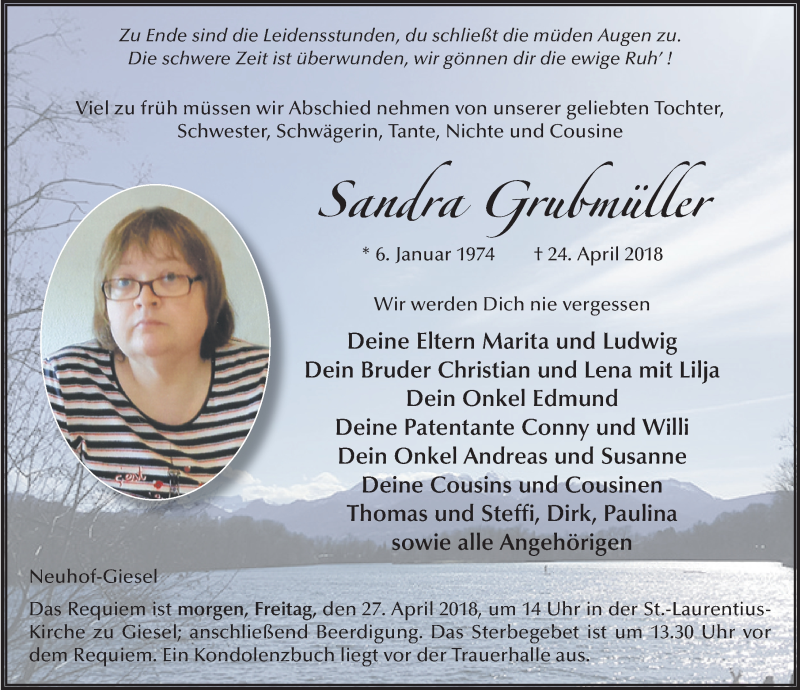  Traueranzeige für Sandra Grubmüller vom 26.04.2018 aus 