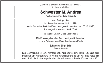 Traueranzeige von Schwester M. Andrea 