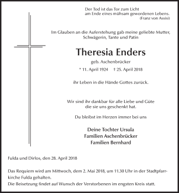 Traueranzeige von Theresia Enders 