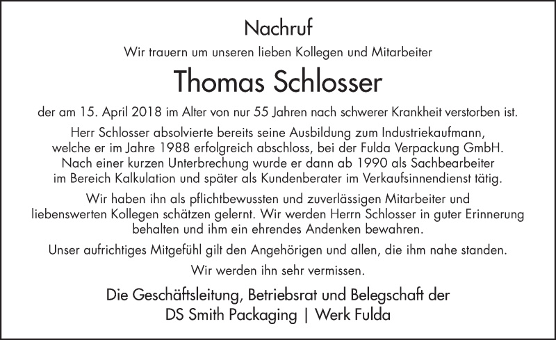 Traueranzeige für Thomas Schlosser vom 20.04.2018 aus 
