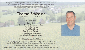 Traueranzeige von Thomas Schlosser 