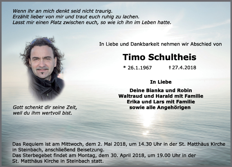  Traueranzeige für Timo Schultheis vom 30.04.2018 aus 