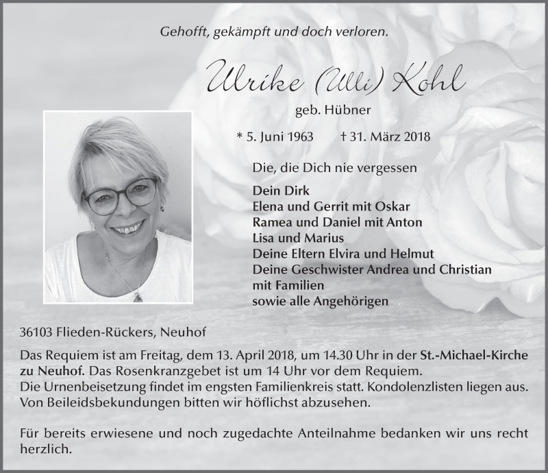  Traueranzeige für Ulrike Kohl vom 09.04.2018 aus 