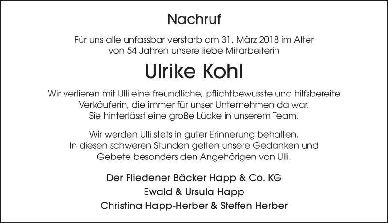  Traueranzeige für Ulrike Kohl vom 09.04.2018 aus 