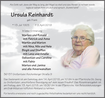 Traueranzeige von Ursula Reinhardt 