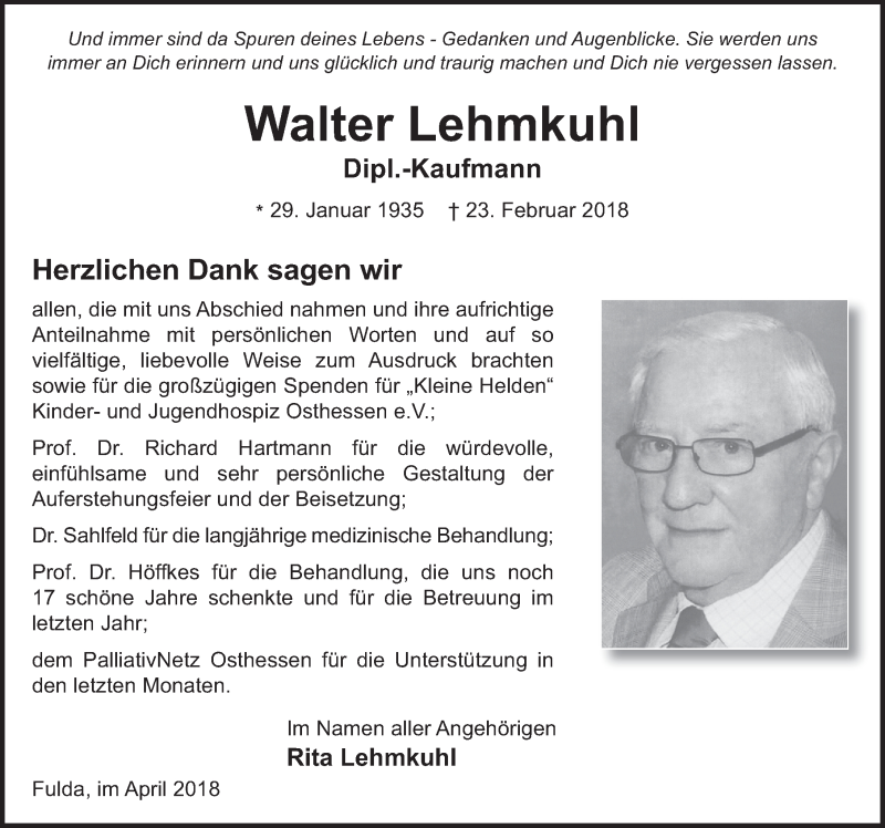  Traueranzeige für Walter Lehmkuhl vom 14.04.2018 aus 