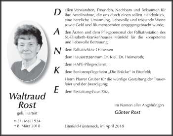 Traueranzeige von Waltraud Rost 