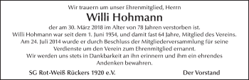 Traueranzeige von Willi Hohmann 