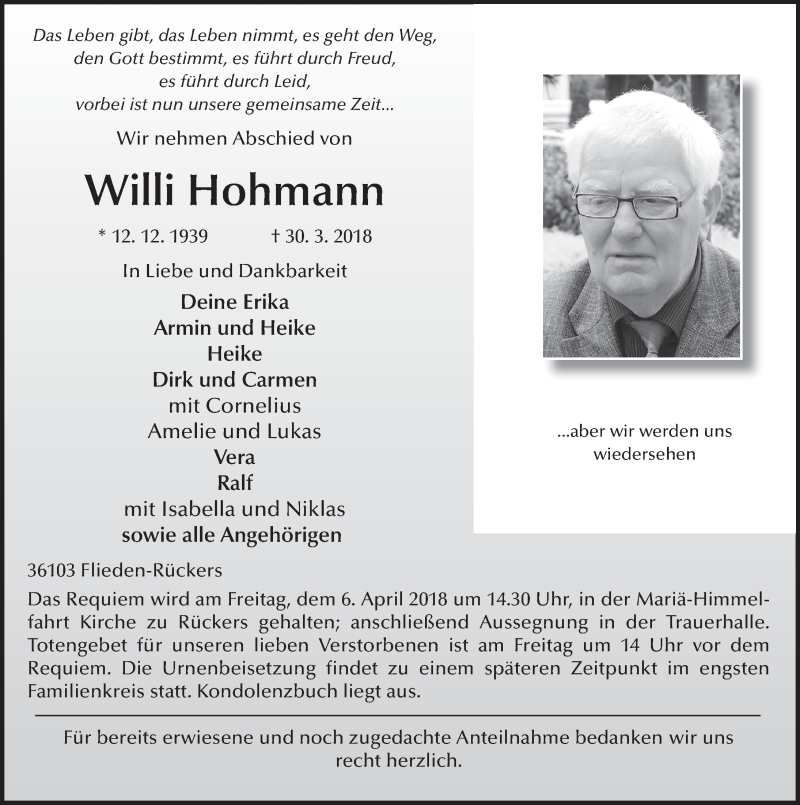  Traueranzeige für Willi Hohmann vom 03.04.2018 aus 
