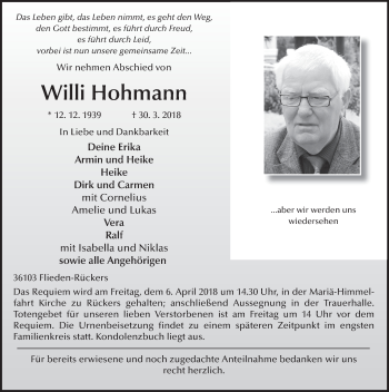 Traueranzeige von Willi Hohmann 