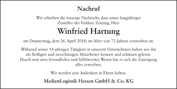 Traueranzeige von Winfried Hartung 