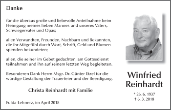 Traueranzeige von Winfried Reinhardt 