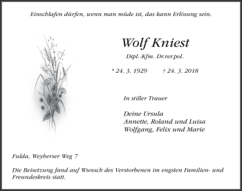 Traueranzeige von Wolf Kniest 