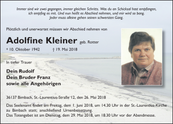 Traueranzeige von Adolfine Kleiner 