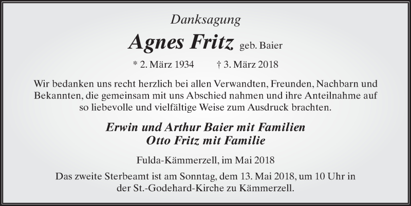  Traueranzeige für Agnes Fritz vom 09.05.2018 aus 