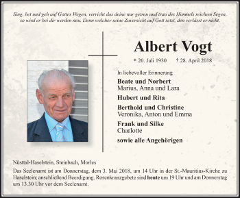 Traueranzeige von Albert Vogt 