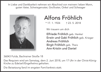 Traueranzeige von Alfons Fröhlich 