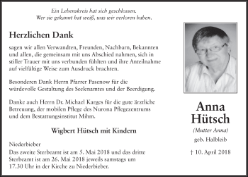 Traueranzeige von Anna Hütsch 