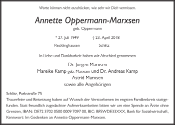 Traueranzeige von Annette Oppermann-Marxsen 