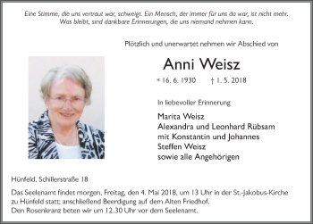Traueranzeige von Anni Weisz 