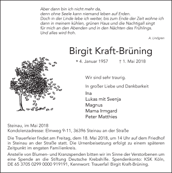 Traueranzeige von Birgit Kraft-Brüning 
