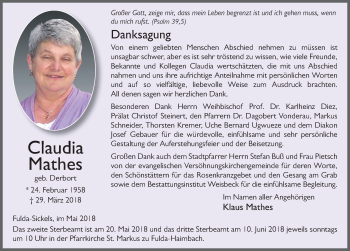 Traueranzeige von Claudia Mathes 