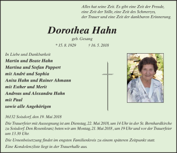 Traueranzeige von Dorothea Hahn 