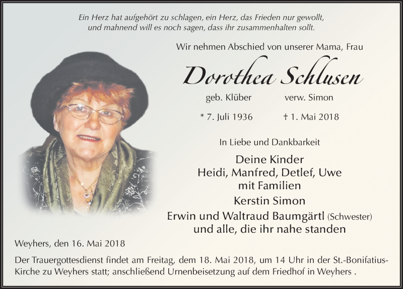  Traueranzeige für Dorothea Schlusen vom 16.05.2018 aus 