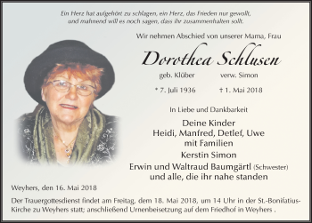 Traueranzeige von Dorothea Schlusen 