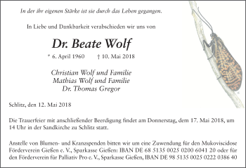 Traueranzeige von Dr. Beate Wolf 