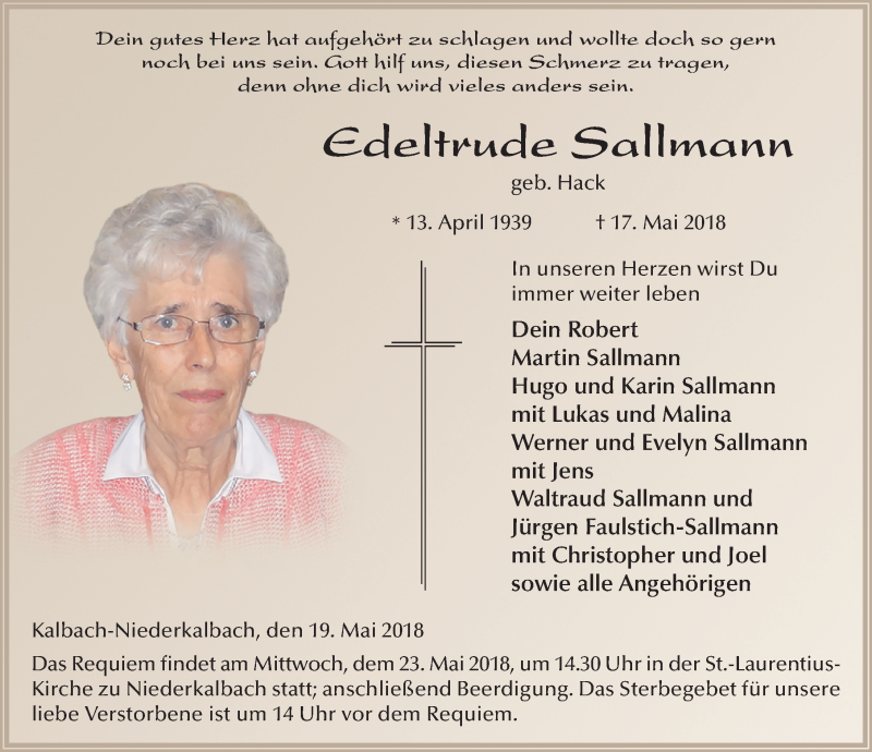  Traueranzeige für Edeltrude Sallmann vom 19.05.2018 aus 