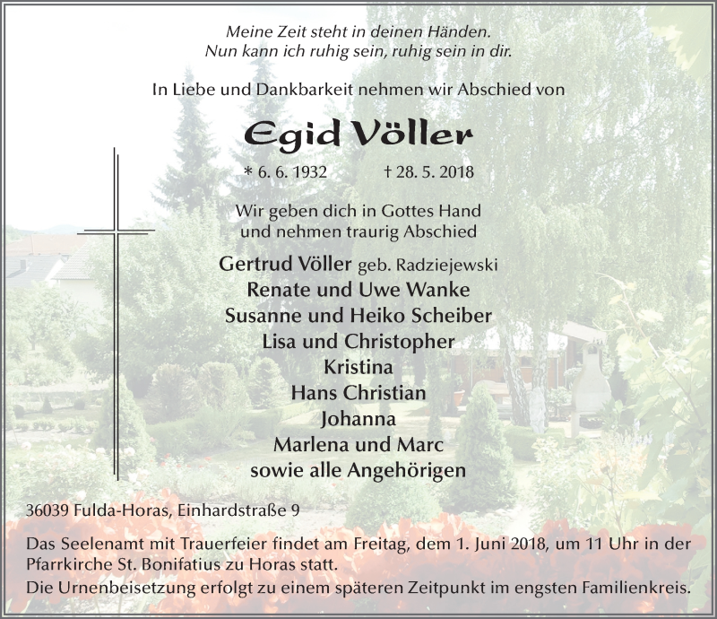  Traueranzeige für Egid Völler vom 30.05.2018 aus 