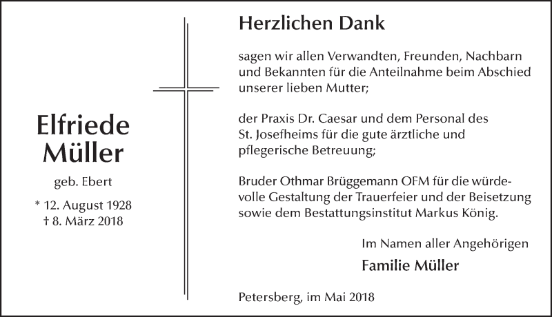  Traueranzeige für Elfriede Müller vom 19.05.2018 aus 