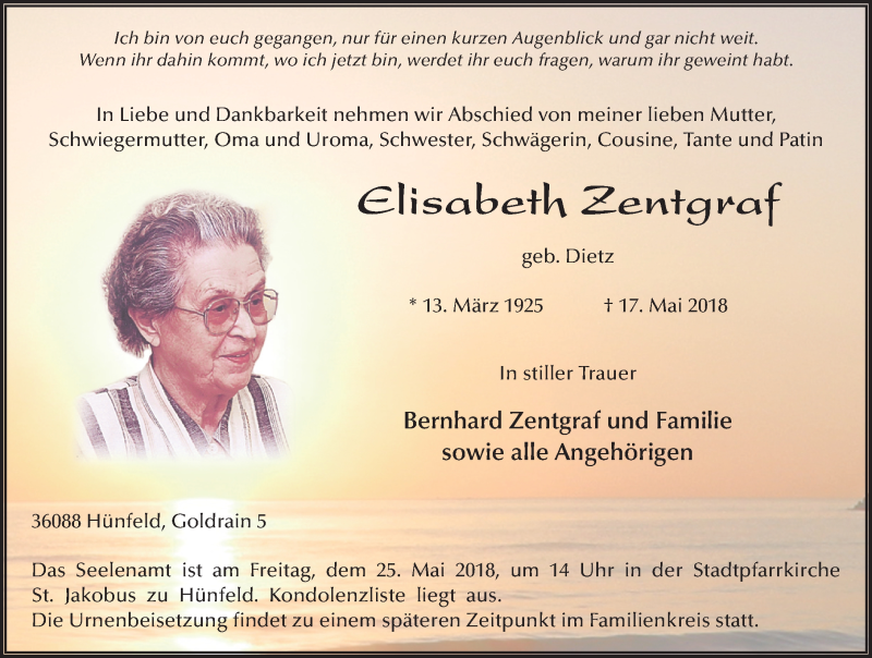  Traueranzeige für Elisabeth Zentgraf vom 23.05.2018 aus 
